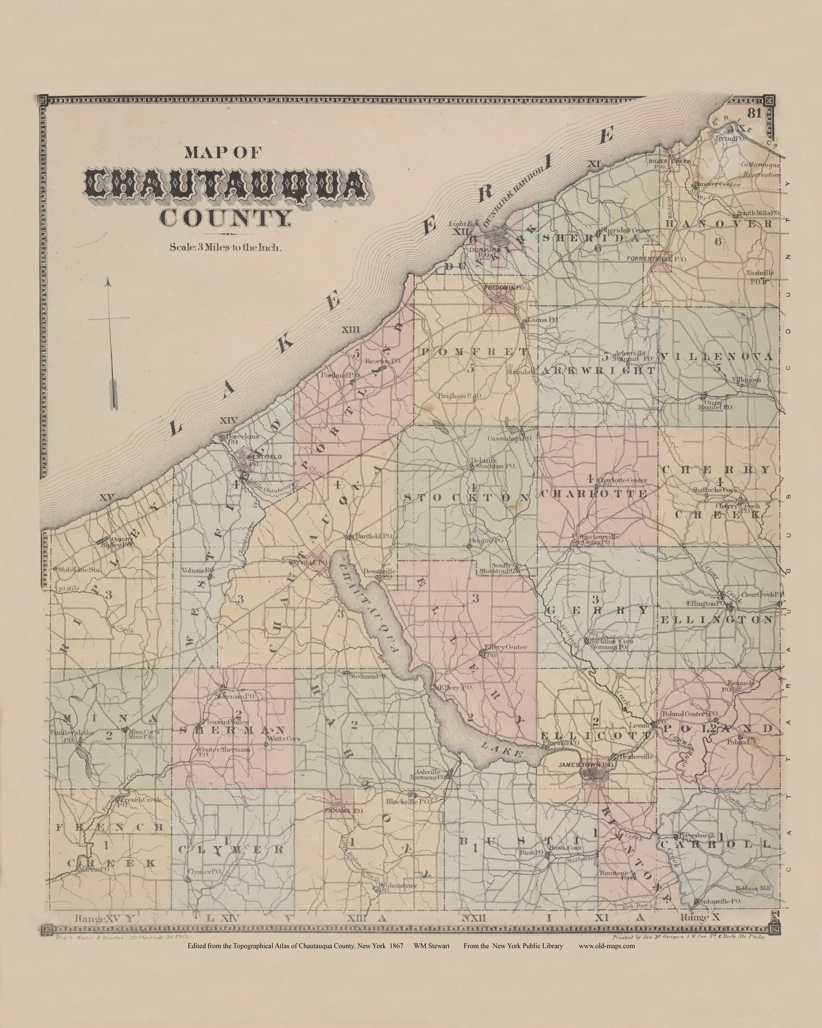 Map of Chautauqua County, New York 1867 - Old Town Map Reprint