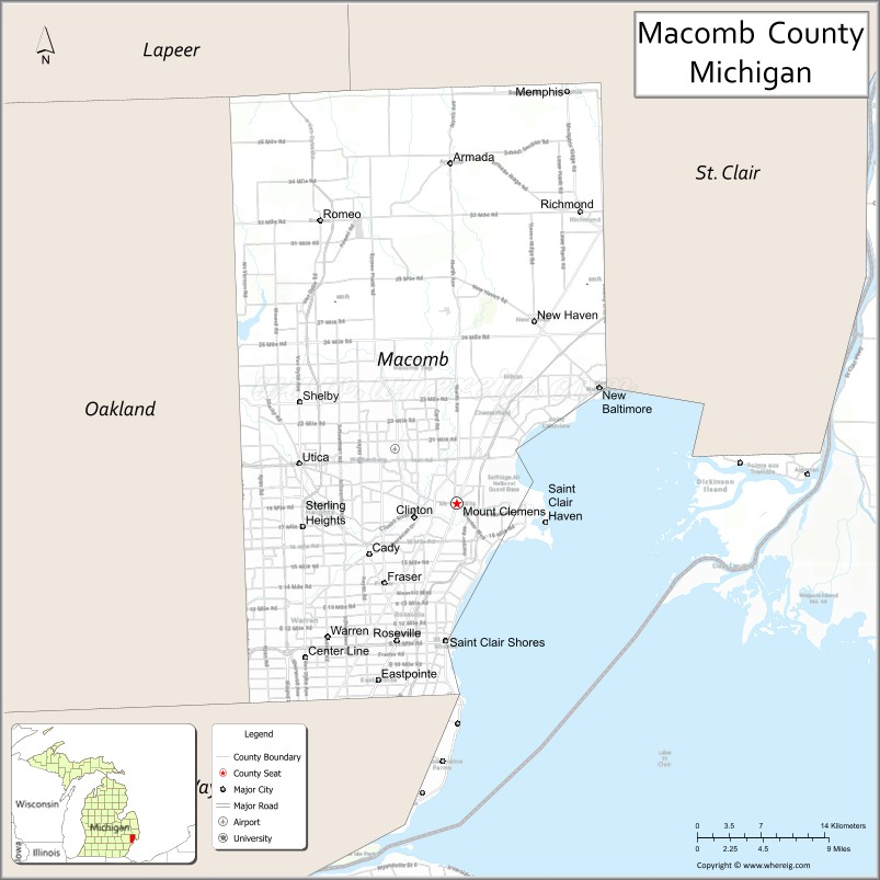 Map of Macomb County Showing Cities and Highways