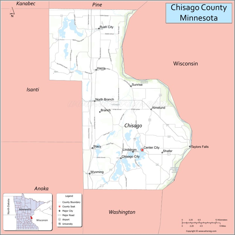 Map of Chisago County, Minnesota showing cities, highways & important