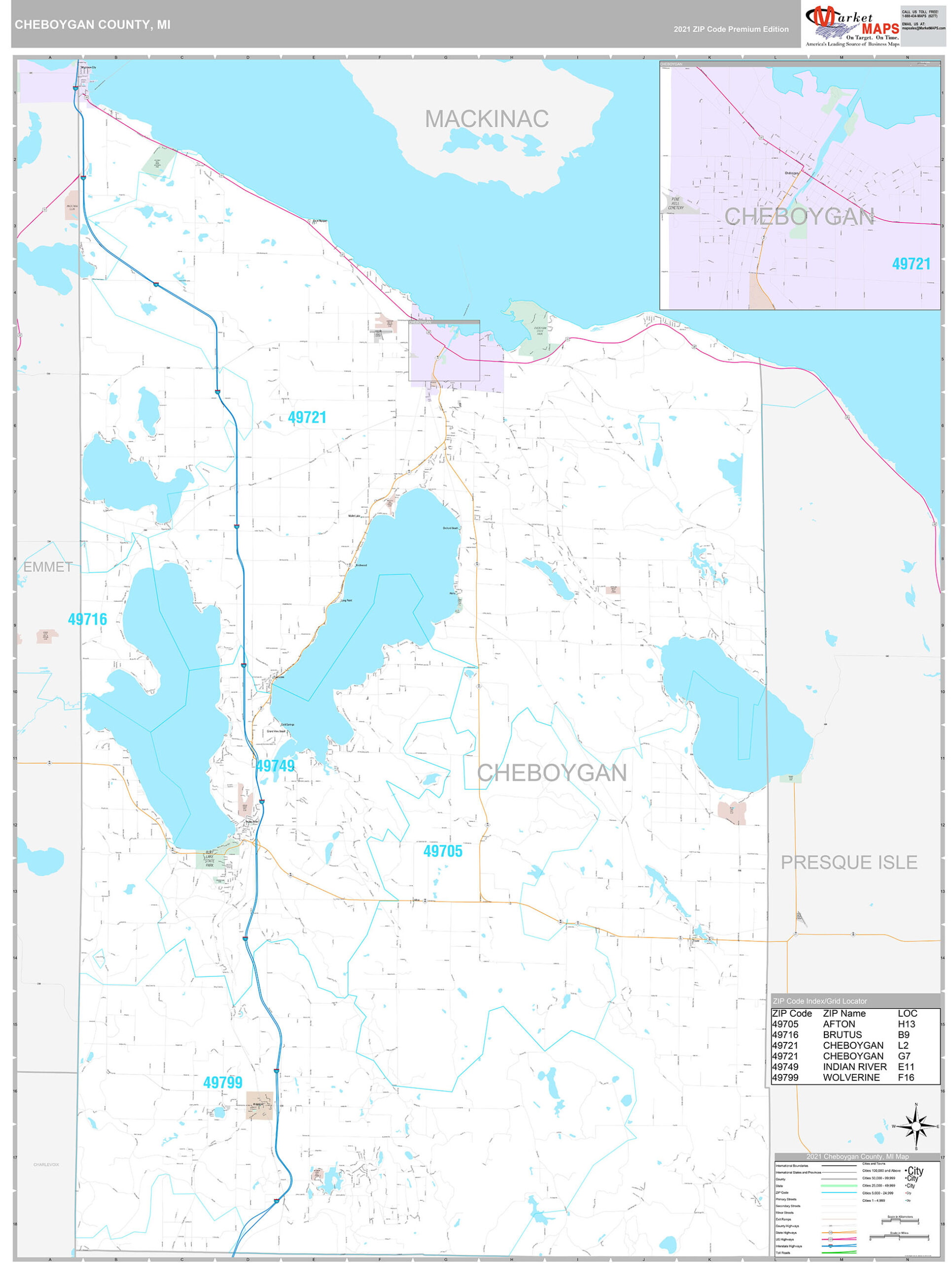 Cheboygan County, MI Wall Map Premium Style
