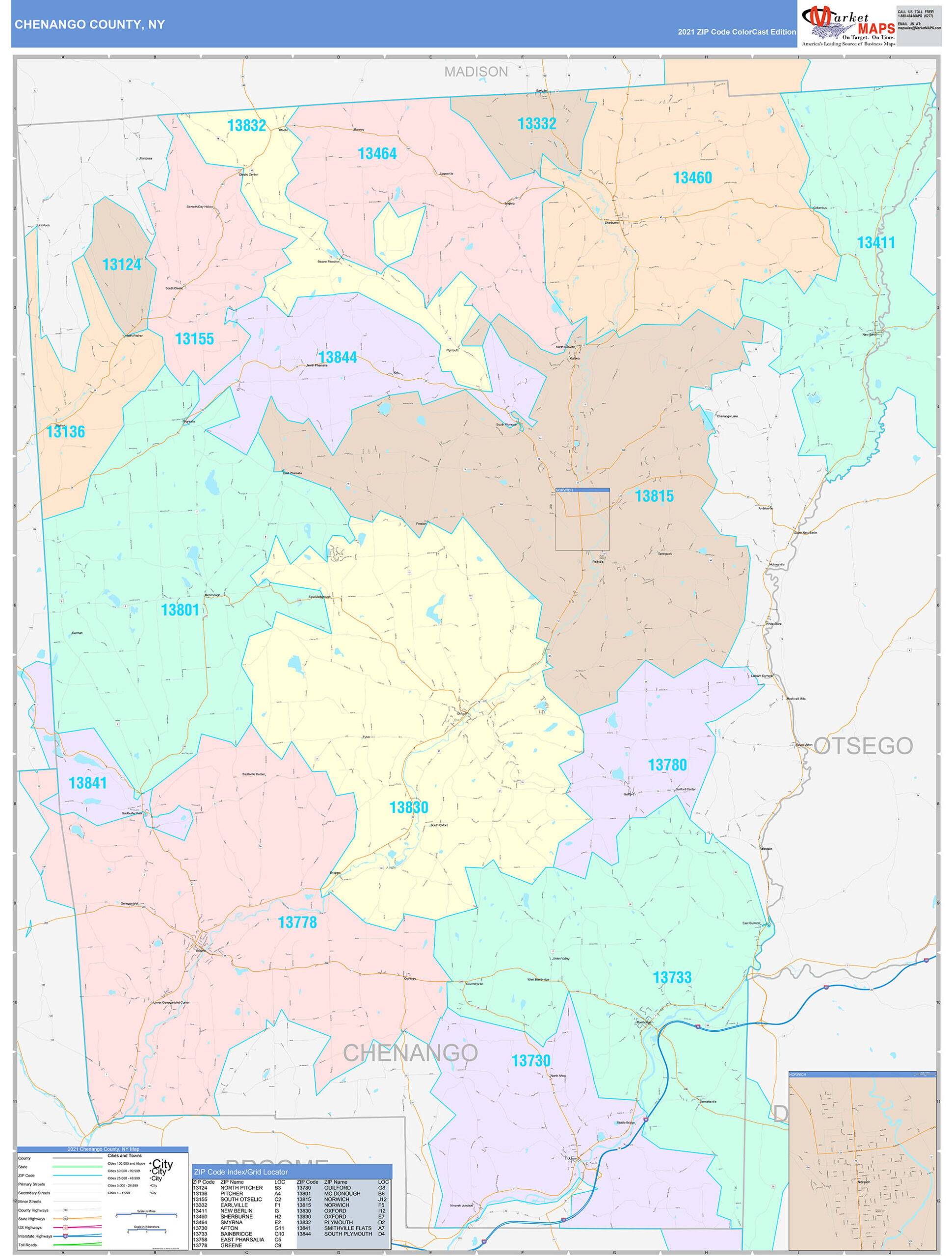 Chenango County, NY Wall Map Color Cast Style