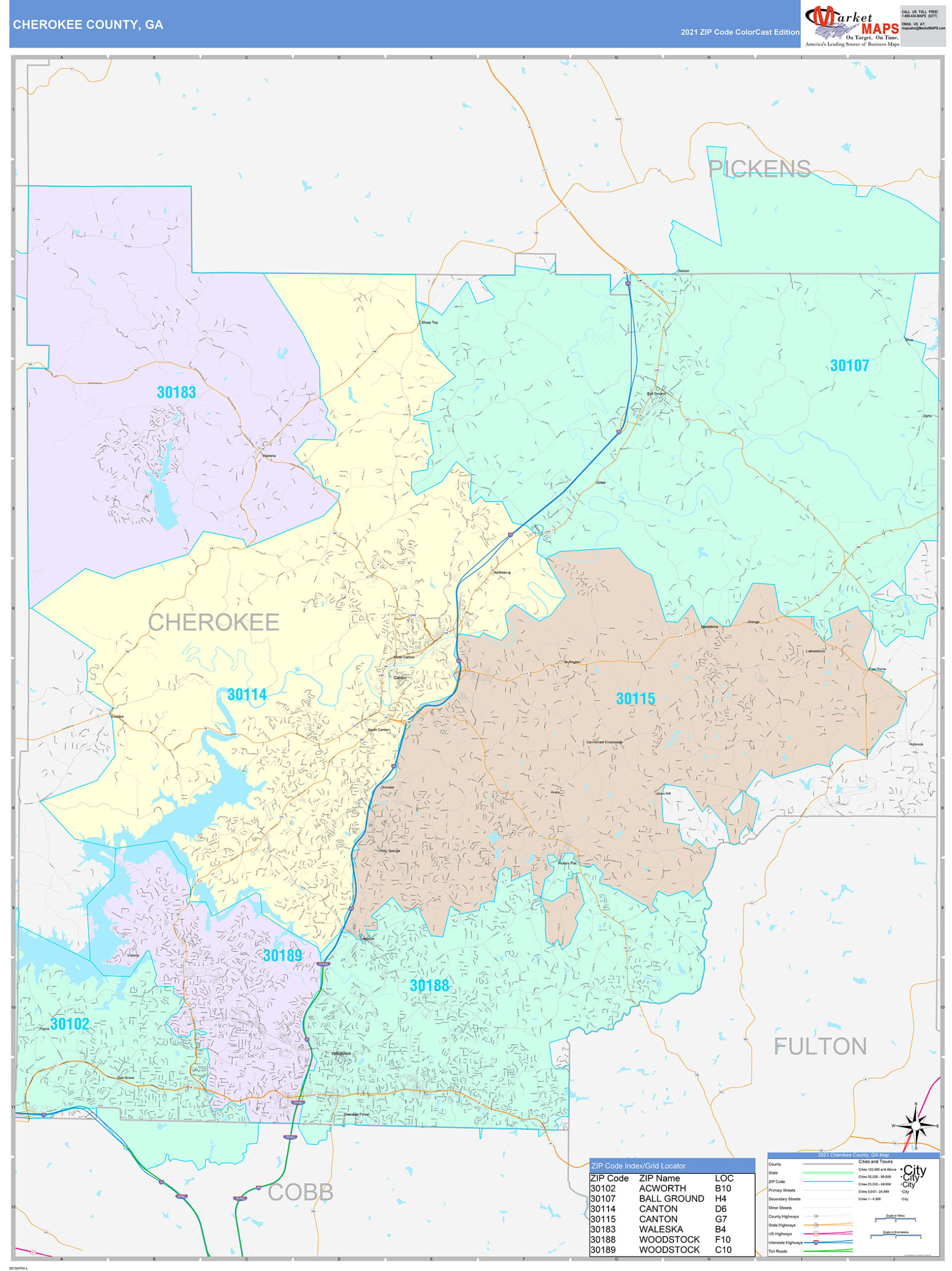 Cherokee County, GA Wall Map Color Cast Style by MarketMAPS