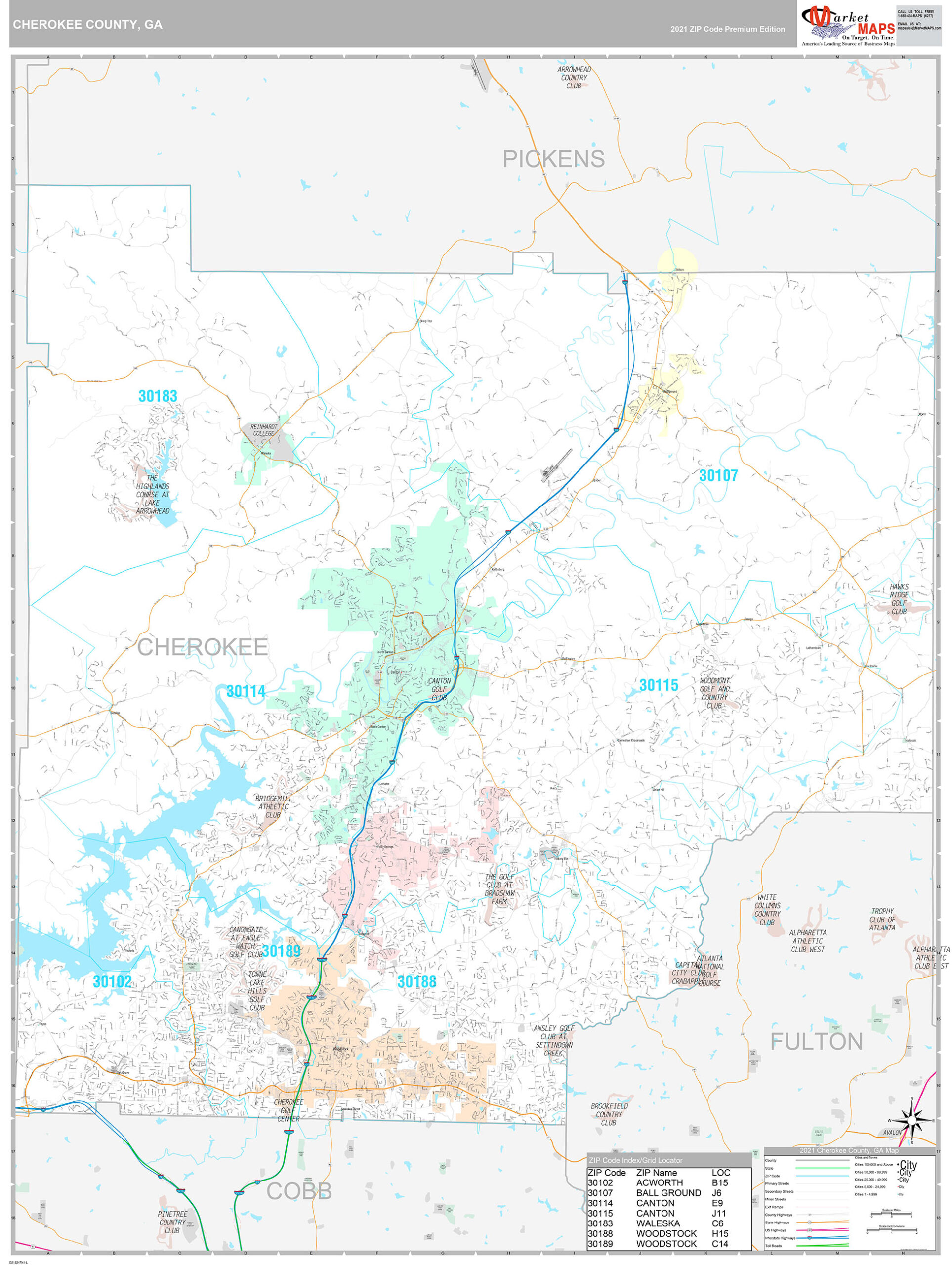 Cherokee County, GA Wall Map Premium Style by MarketMAPS
