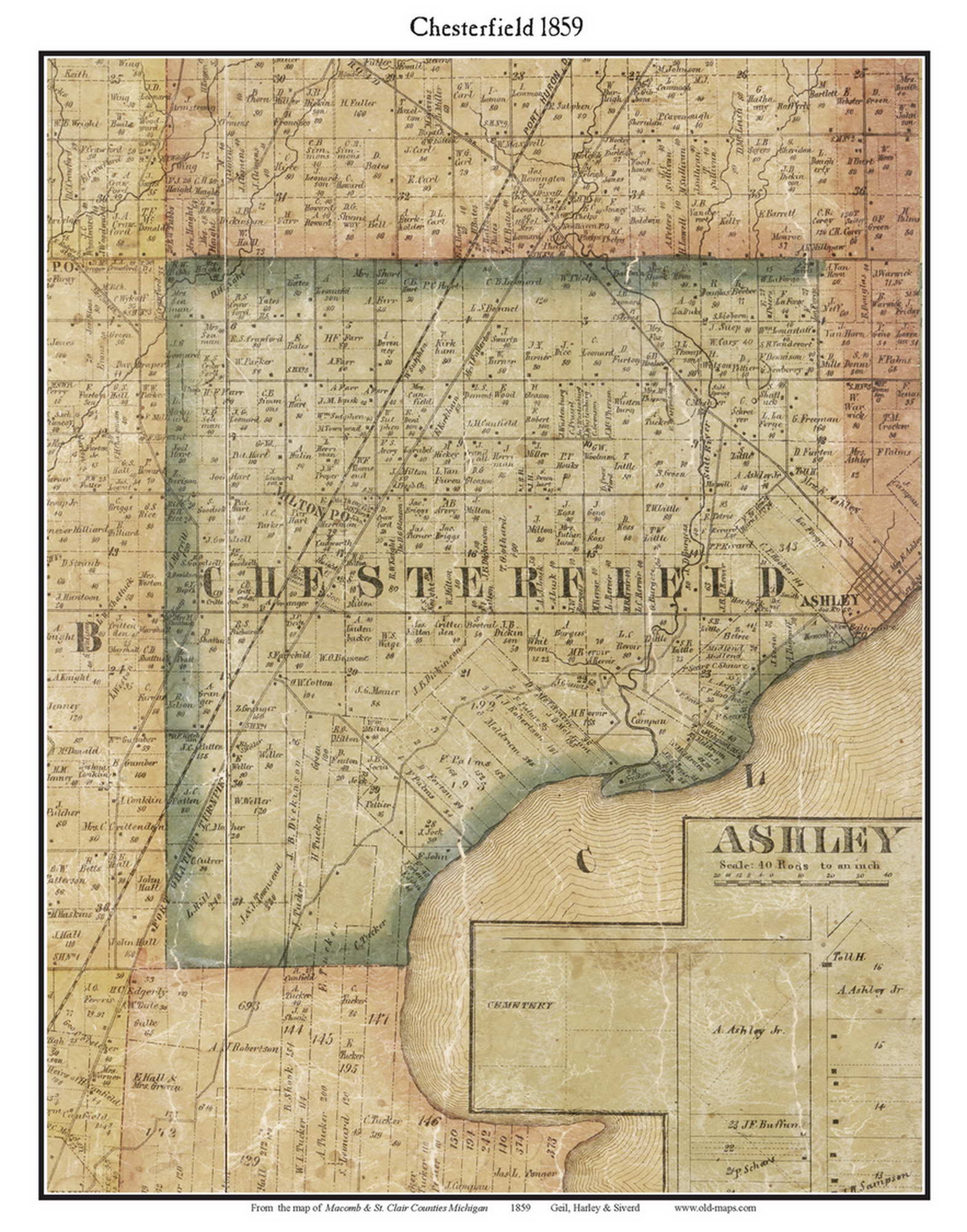 Chesterfield, Michigan 1859 Old Town Map Custom Print - Macomb Co