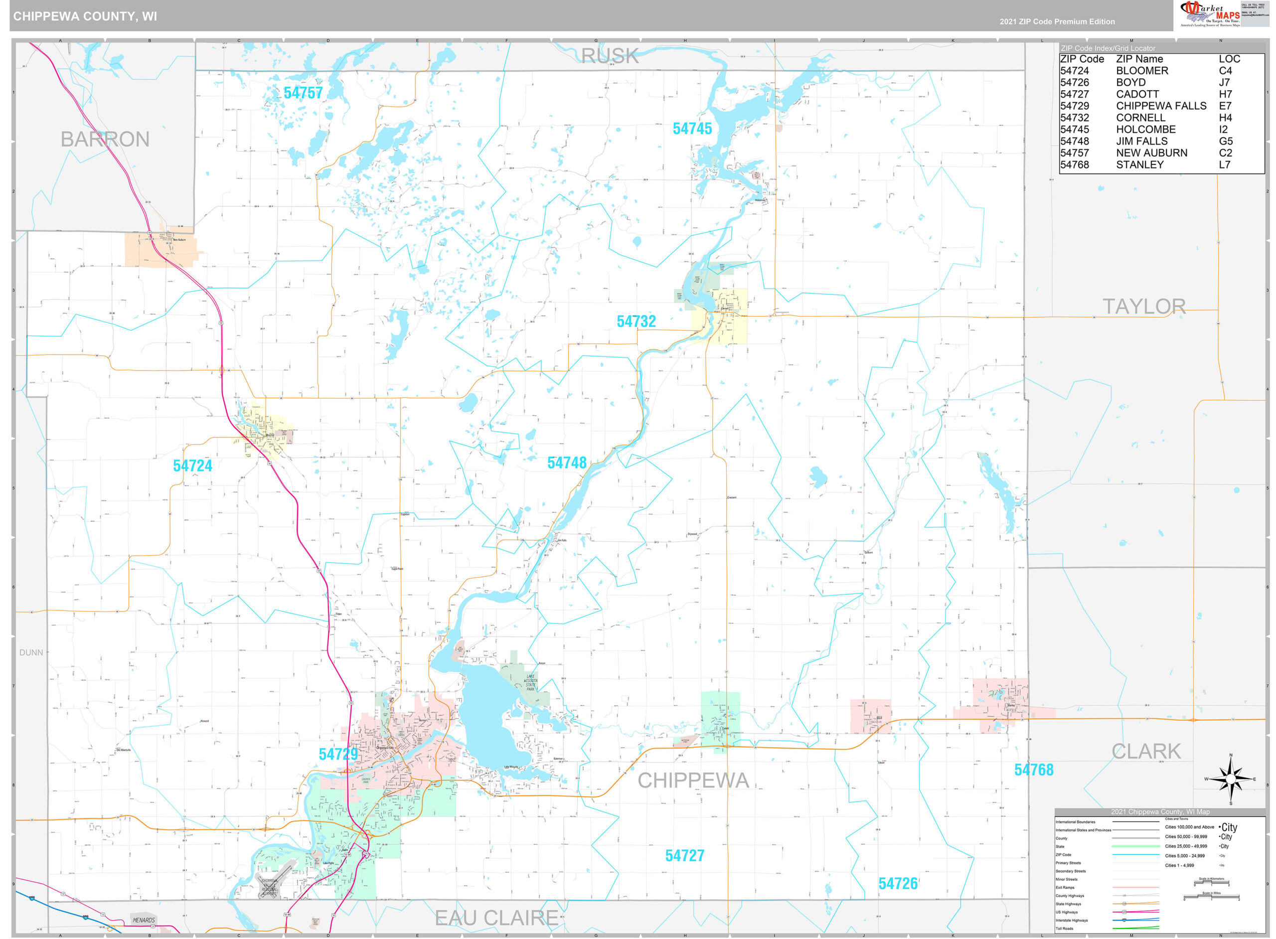 Premium Style Wall Map of Chippewa County, WI