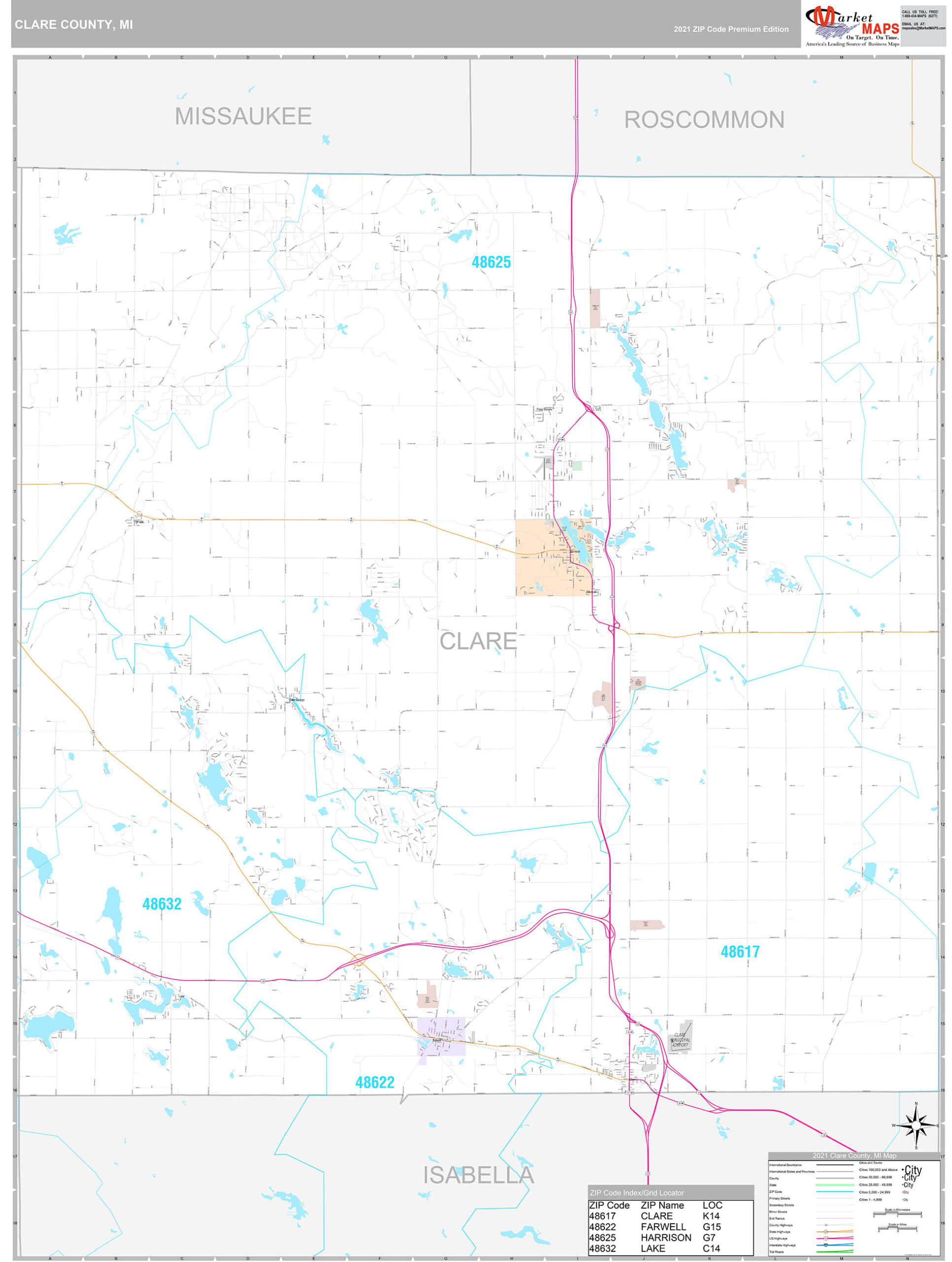 Premium wall map of Clare County, Michigan