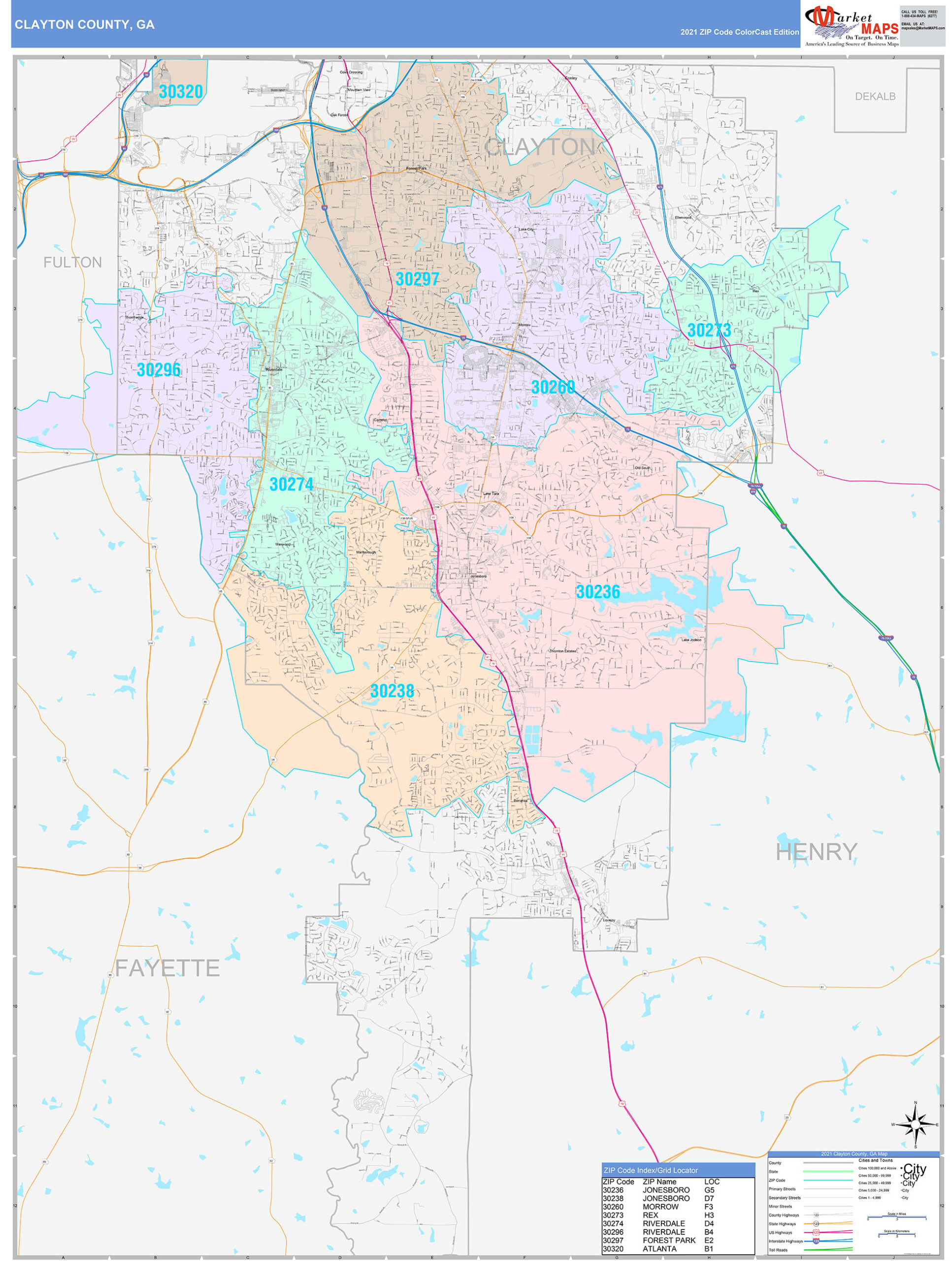 Clayton County, GA Wall Map Color Cast Style by MarketMAPS