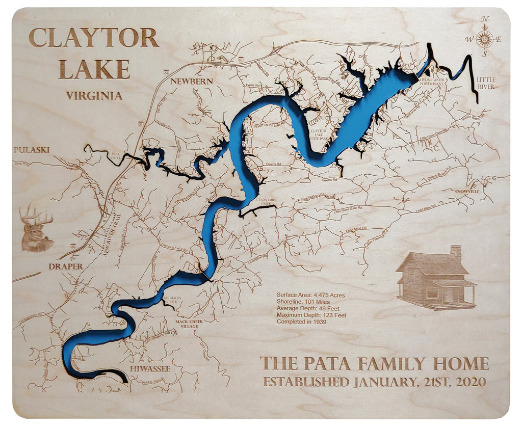 Laser Cut Wood Map of Claytor Lake, Virginia