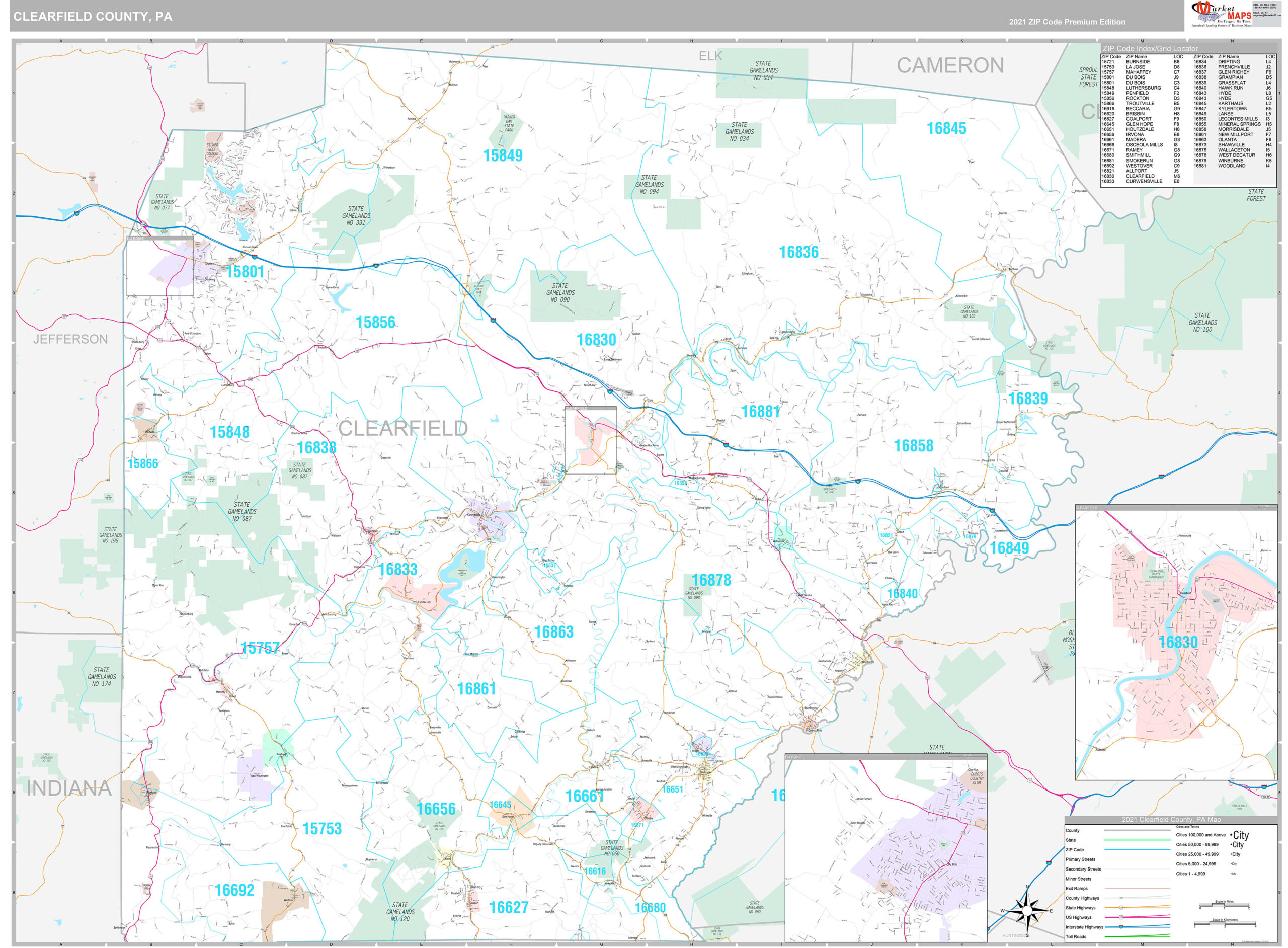 Clearfield County Wall Map Premium Style