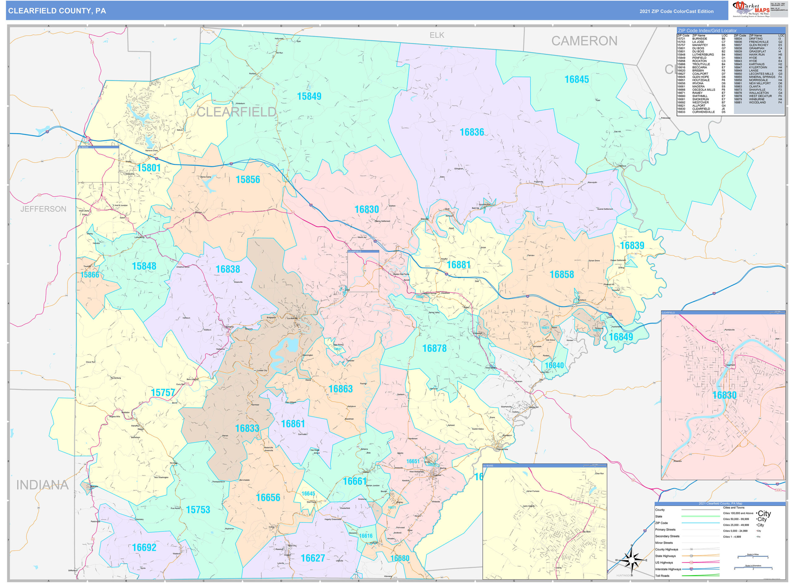 Clearfield County Wall Map Color Cast Style