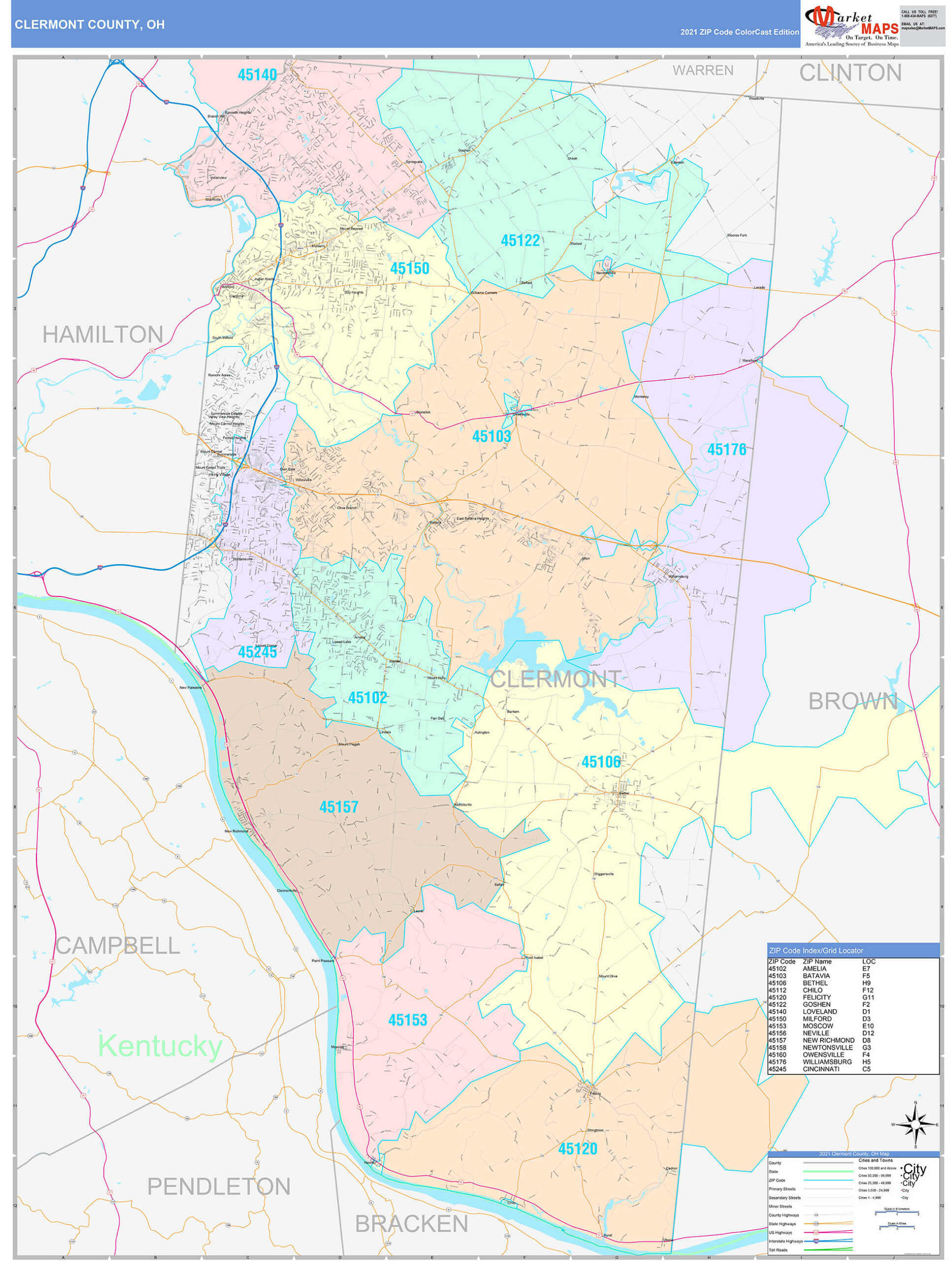 Clermont County Ohio Wall Map Color Cast Style