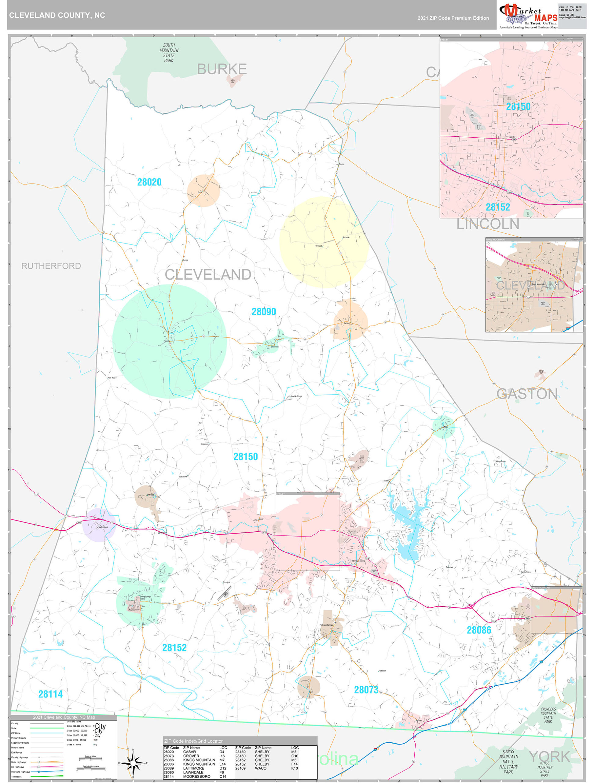 Cleveland County, NC Wall Map Premium Style by MarketMAPS - MapSales