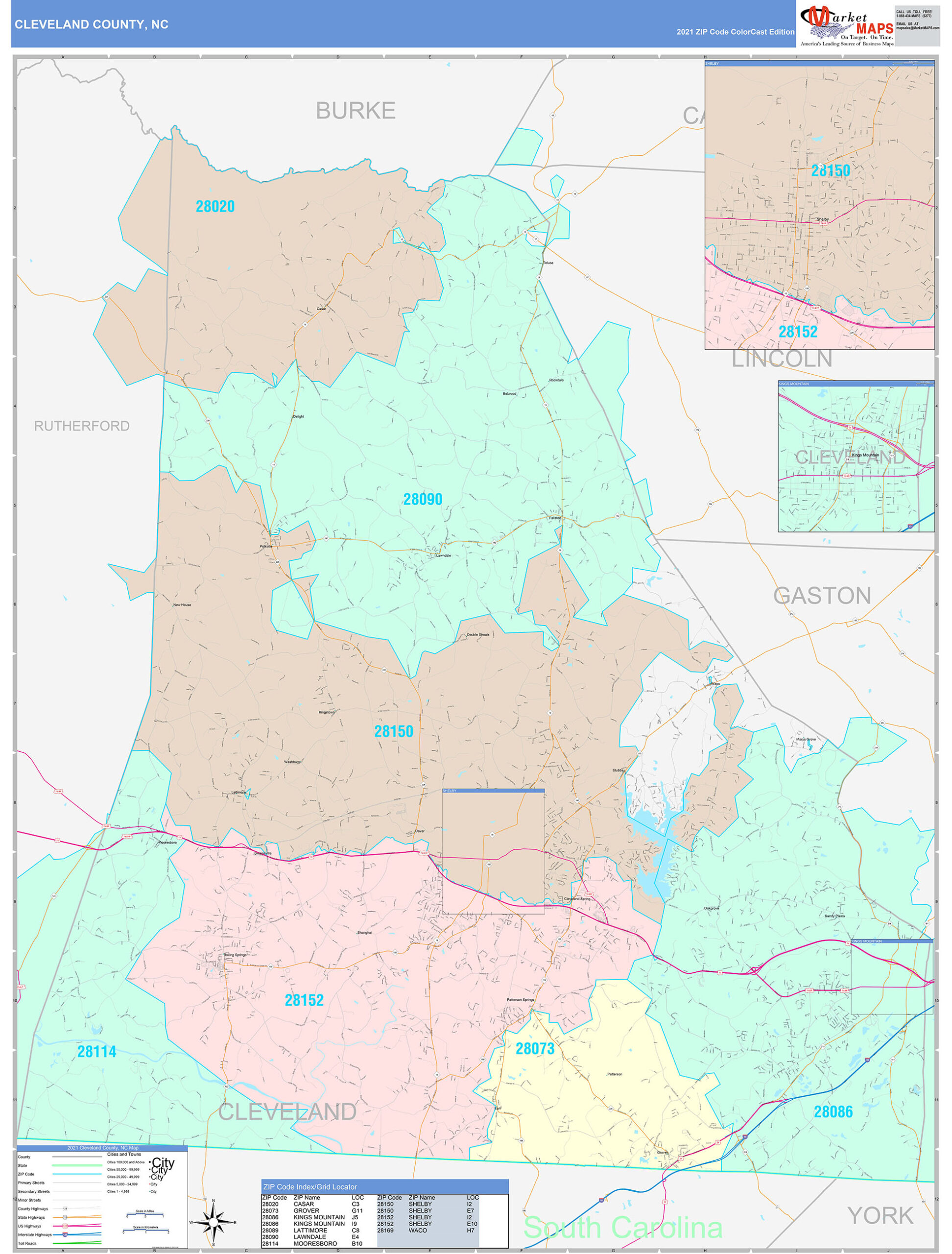 Cleveland County, NC Wall Map Color Cast Style by MarketMAPS - MapSales.com