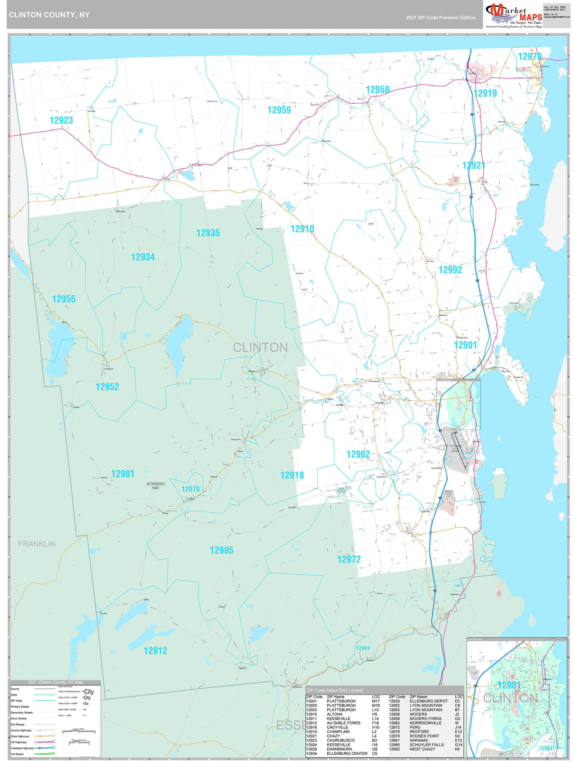Clinton County, NY Wall Map Premium Style