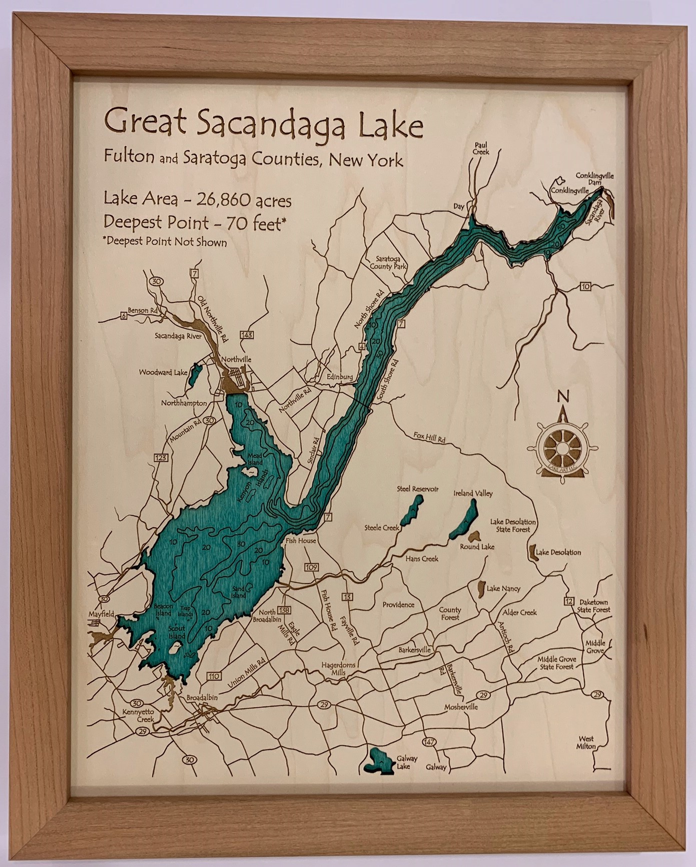 Great Sacandaga Lake - Laser Carved Wooden Relief Map
