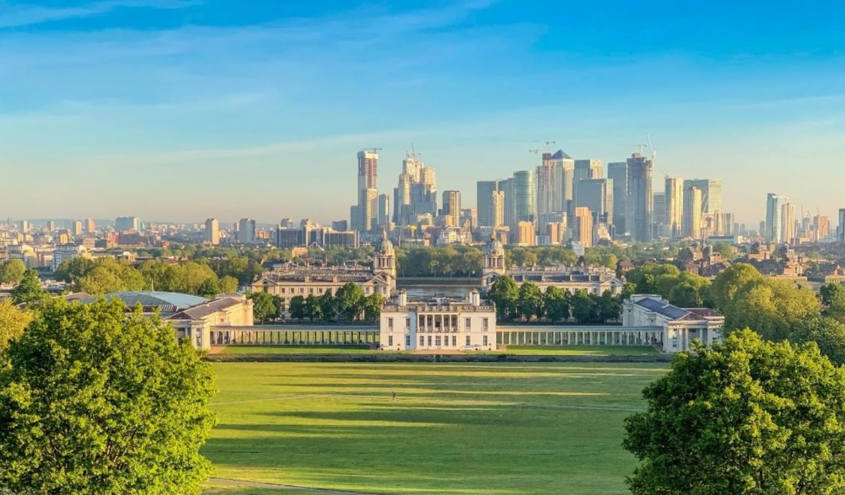 A panoramic view of Greenwich Park with its expansive lawns and iconic vistas.
