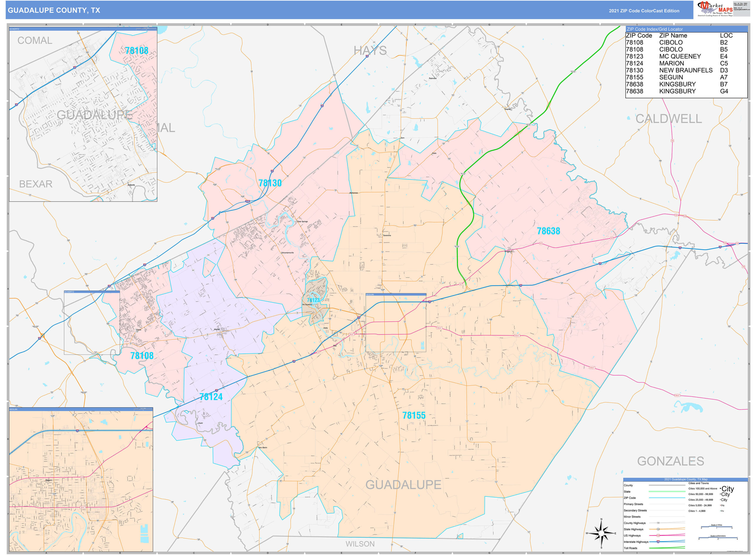 Guadalupe County, TX Wall Map Color Cast Style by MarketMAPS