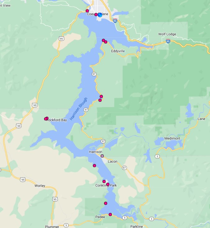 Lake Coeur d'Alene, Idaho Marinas Map