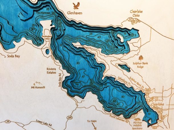 Clear Lake, CA 3-D Nautical Wood Map, 16 x 20