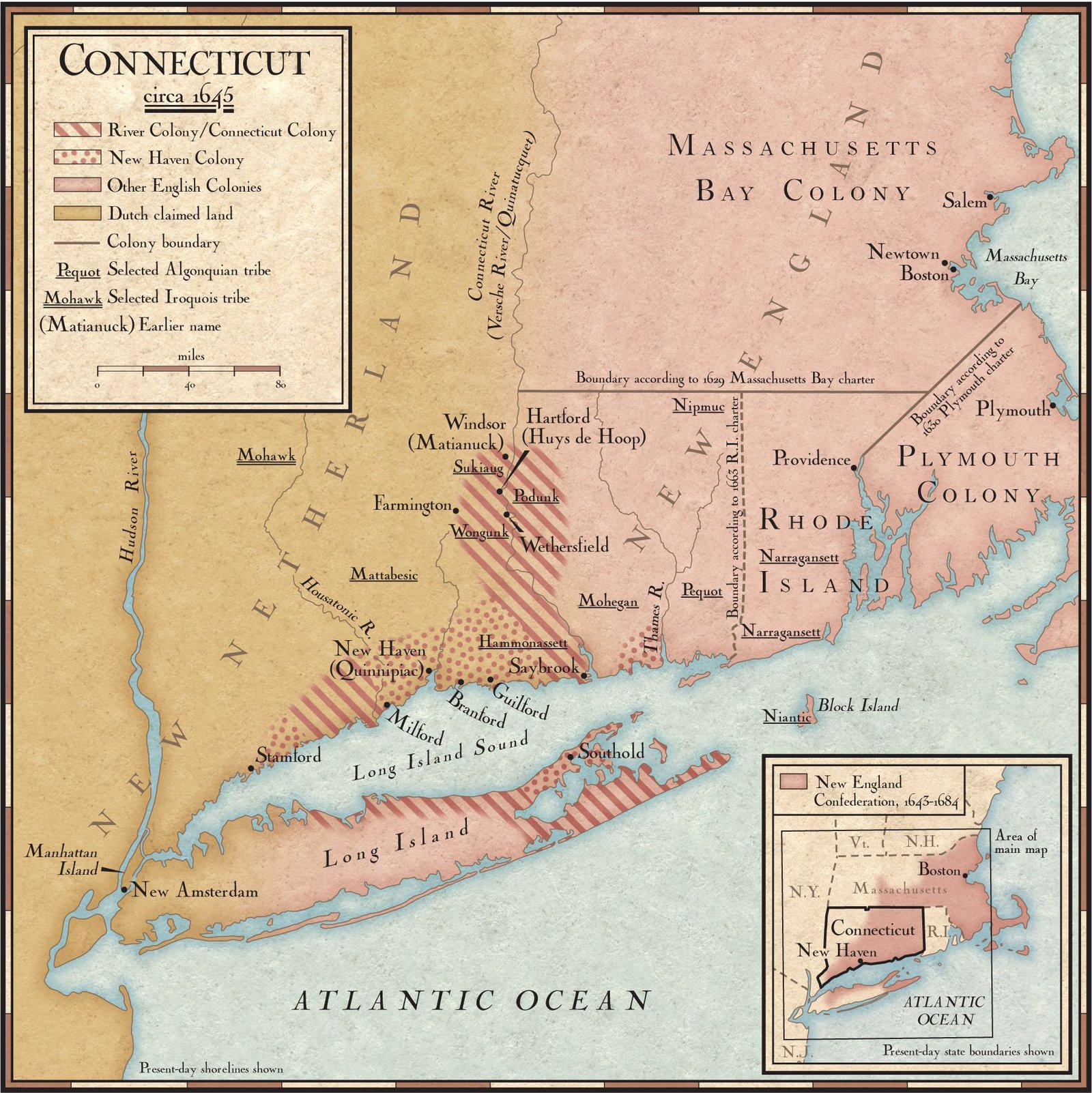 Map of the Colony of Connecticut, 1636-1665
