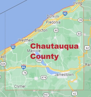 Chautauqua County on the map of New York 2024. Cities, roads, borders