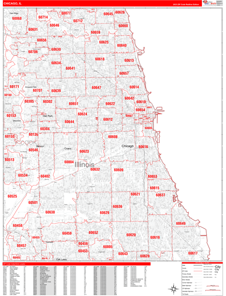 Chicago Illinois Zip Code Wall Map (Red Line Style)