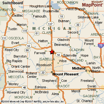 Area map showing Clare, Michigan