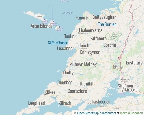 Map detailing places to stay in County Clare