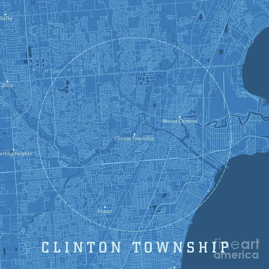 Clinton Township MI City Vector Road Map Blue Text Digital Art