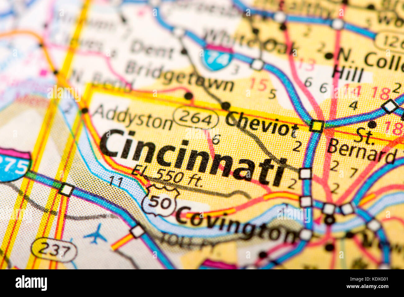 Closeup of Cincinnati, Ohio on a political map of the United States