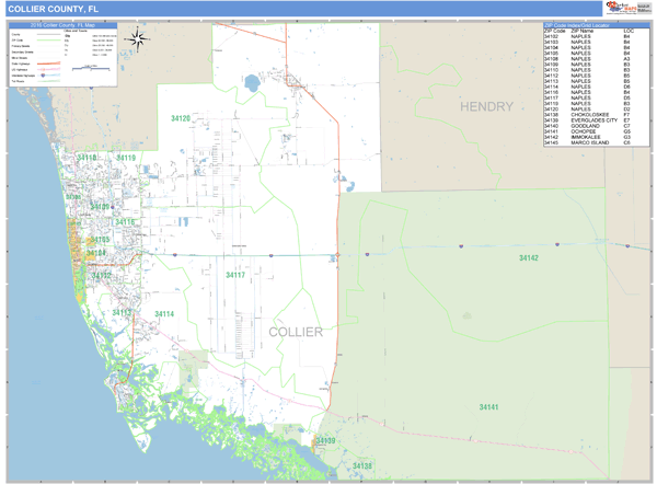Collier County, Florida Zip Code Wall Map