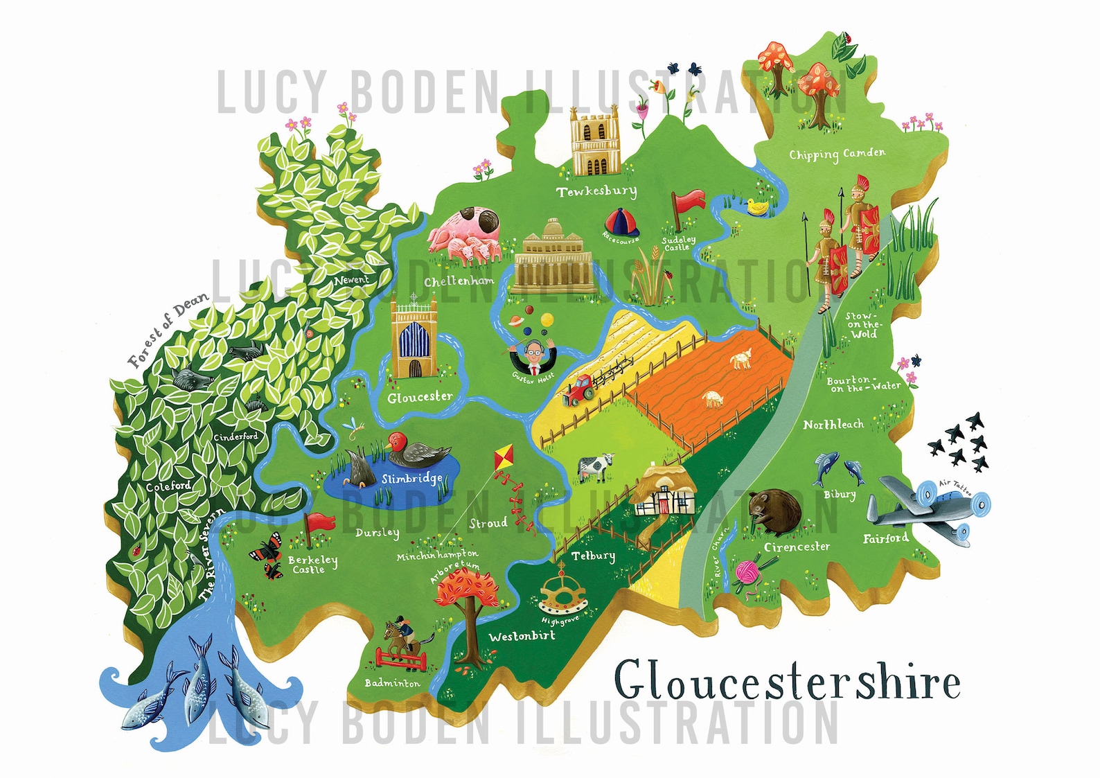 Illustrated Map of Gloucestershire Print A4 and A3 | Etsy