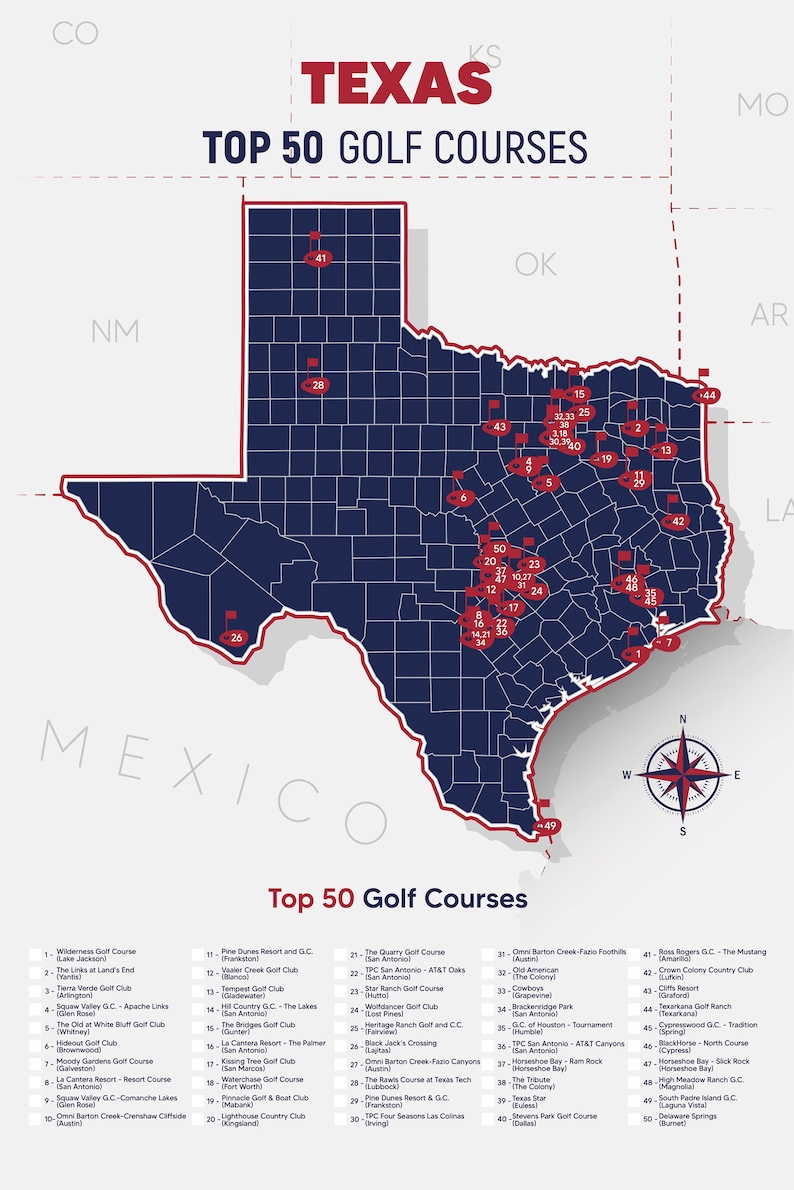 Texas Golf Top 50 Courses Map