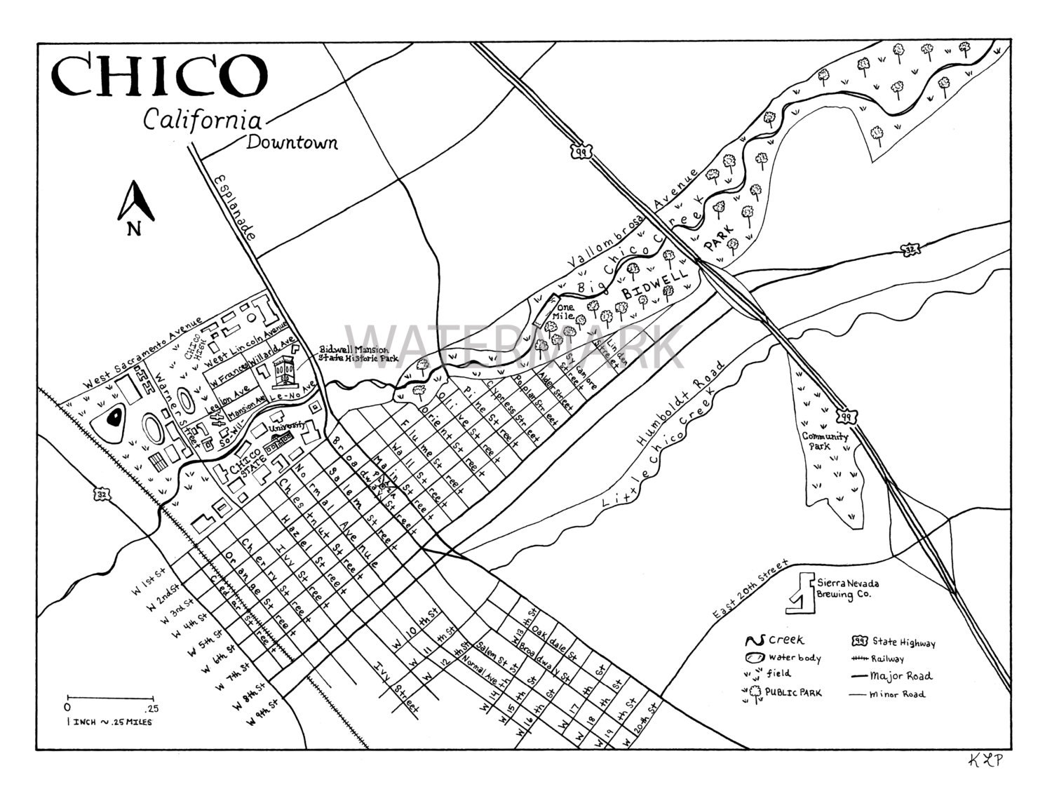 Downtown Chico California Hand Drawn Map