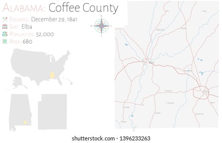 Large Detailed Map Coffee County Alabama Stock Vector