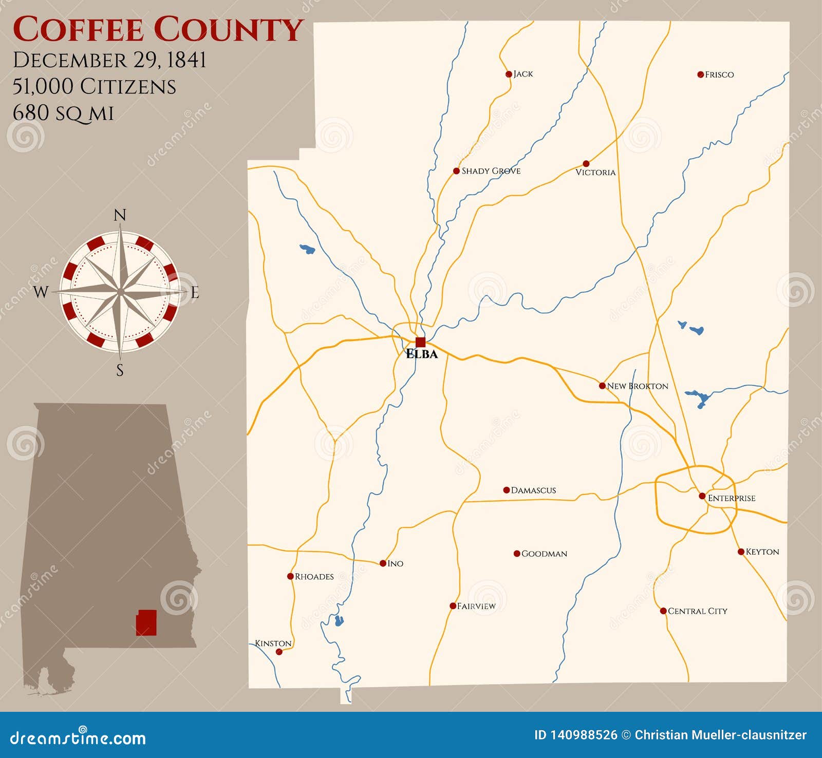 Map of Coffee County in Alabama Stock Vector