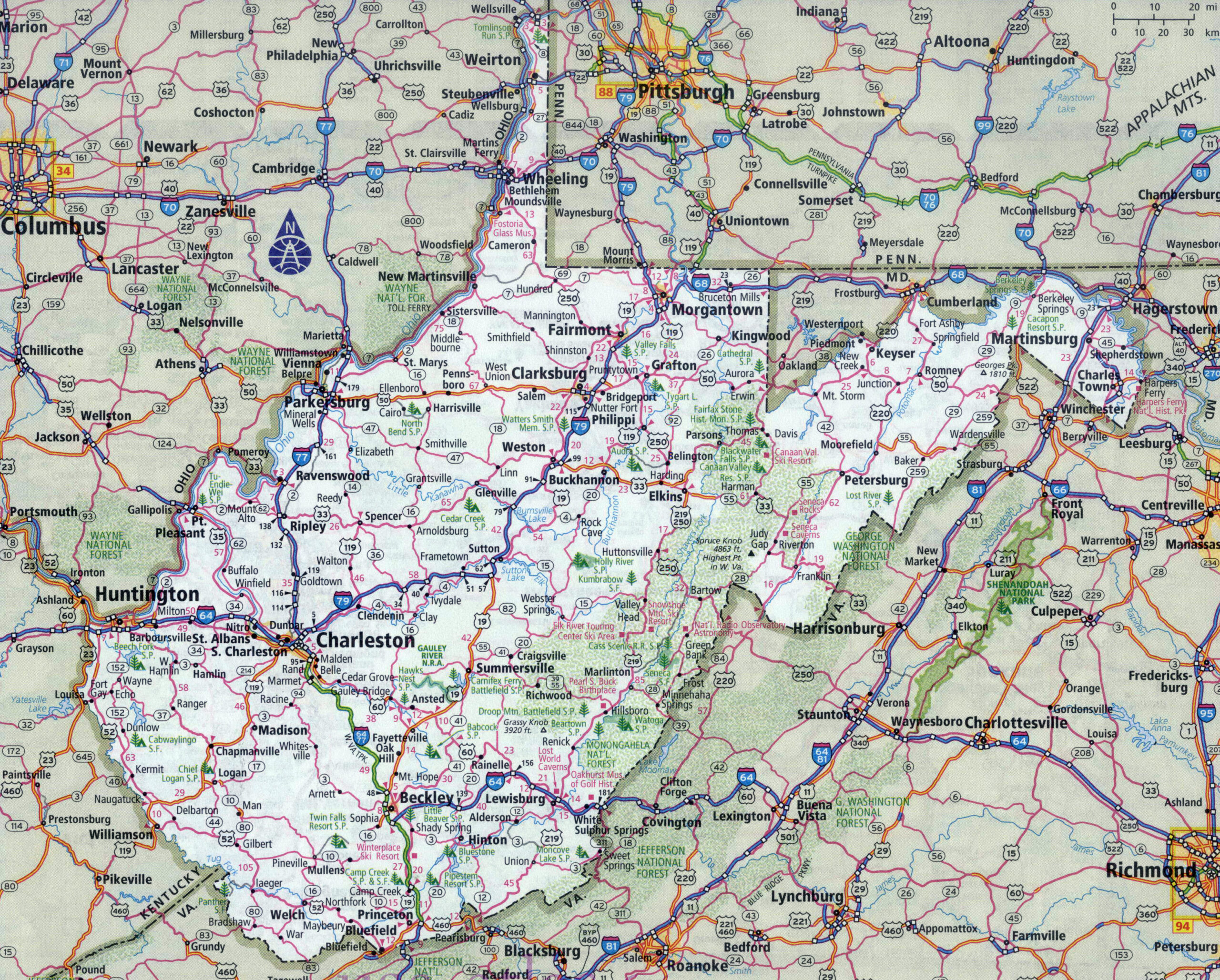 Large Roads and Highways Map of West Virginia
