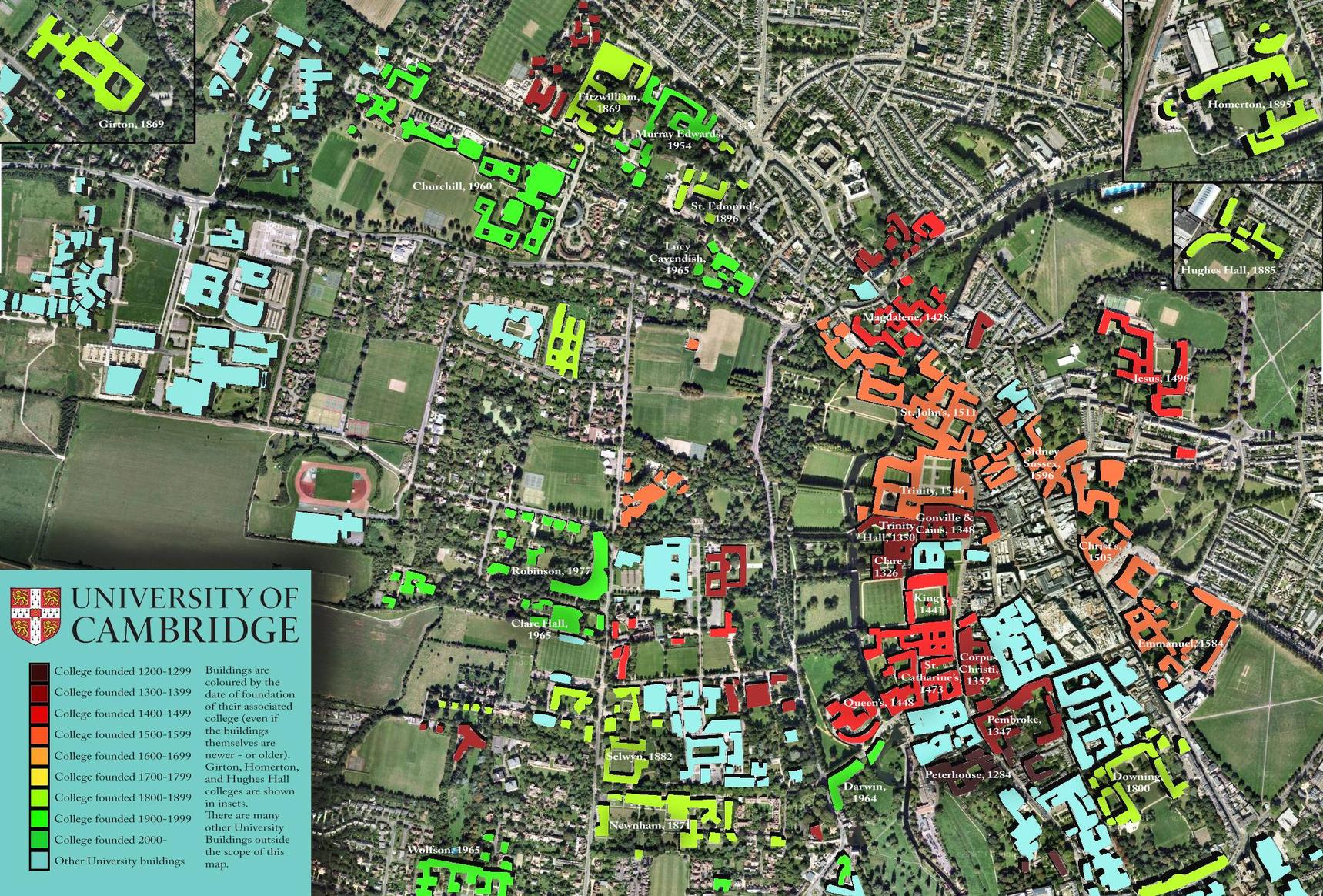 Colleges of Cambridge coloured map