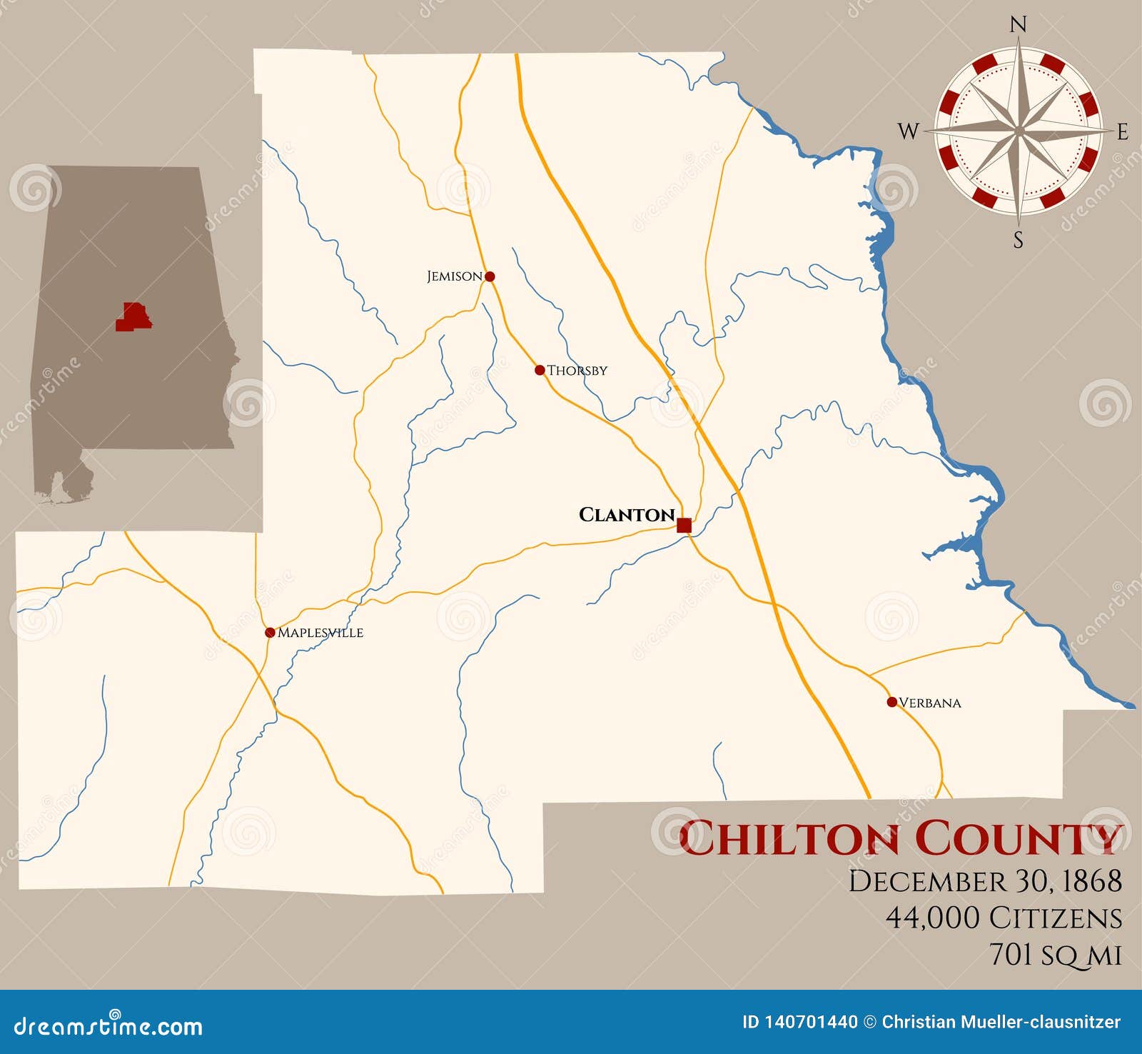 Map of Chilton County in Alabama Stock Vector