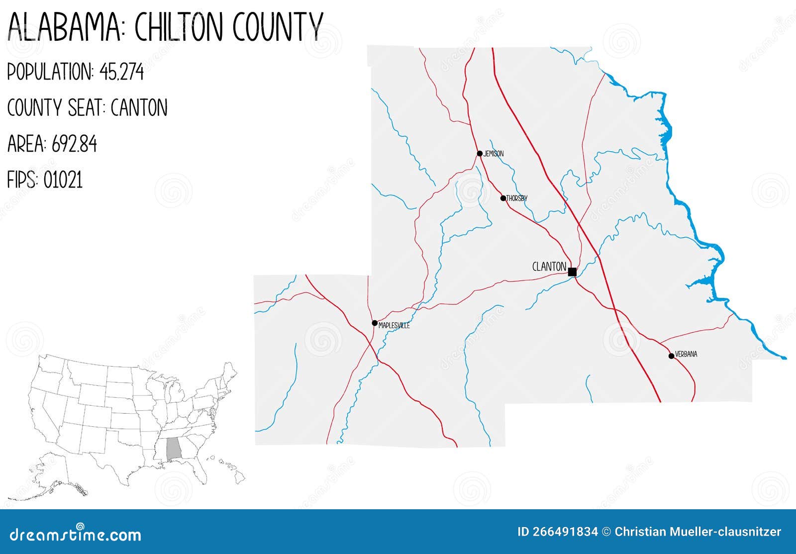 Map of Chilton County in Alabama, USA