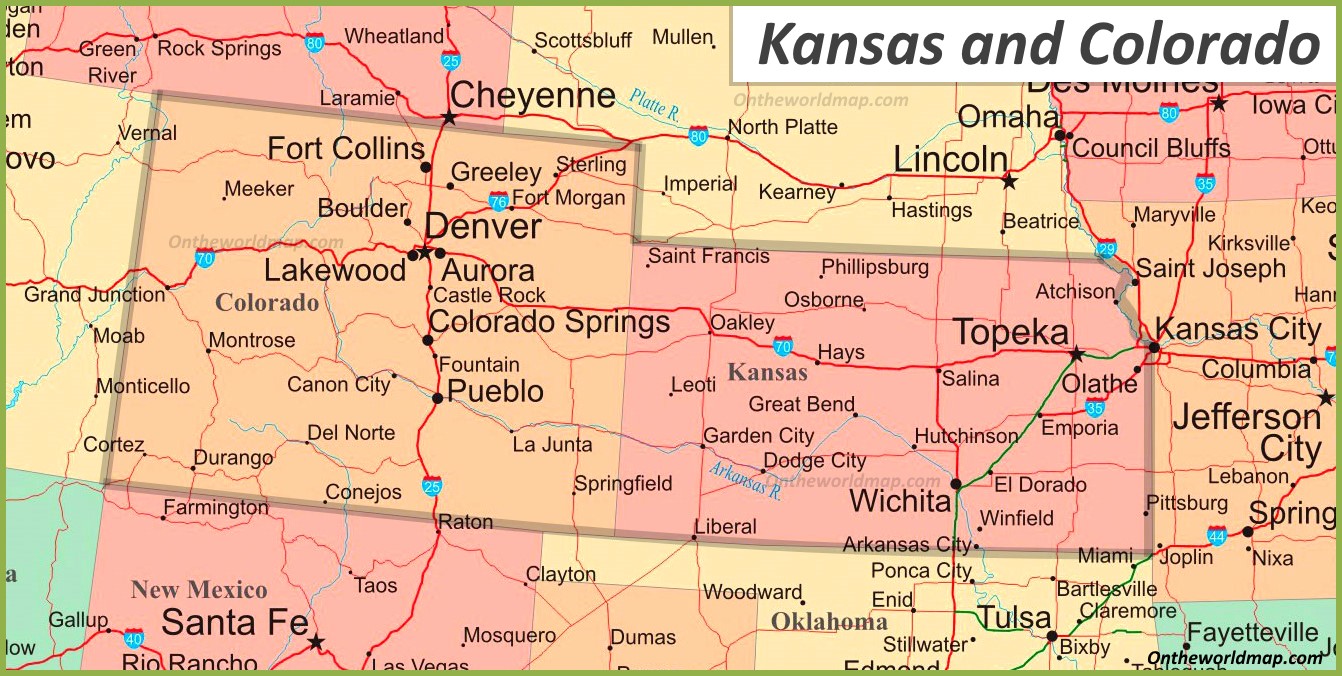 Map of Kansas and Colorado from Ontheworldmap.com