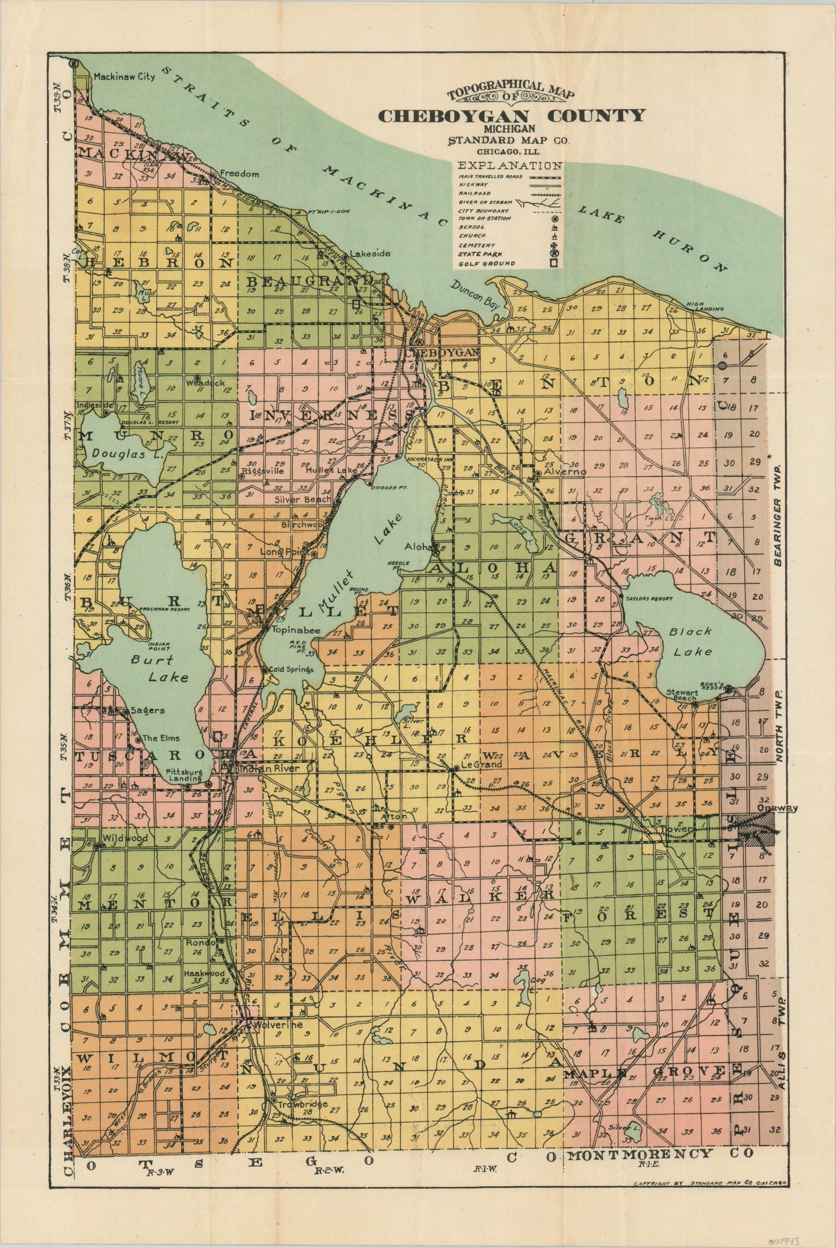 Topographical Map of Cheboygan County Michigan