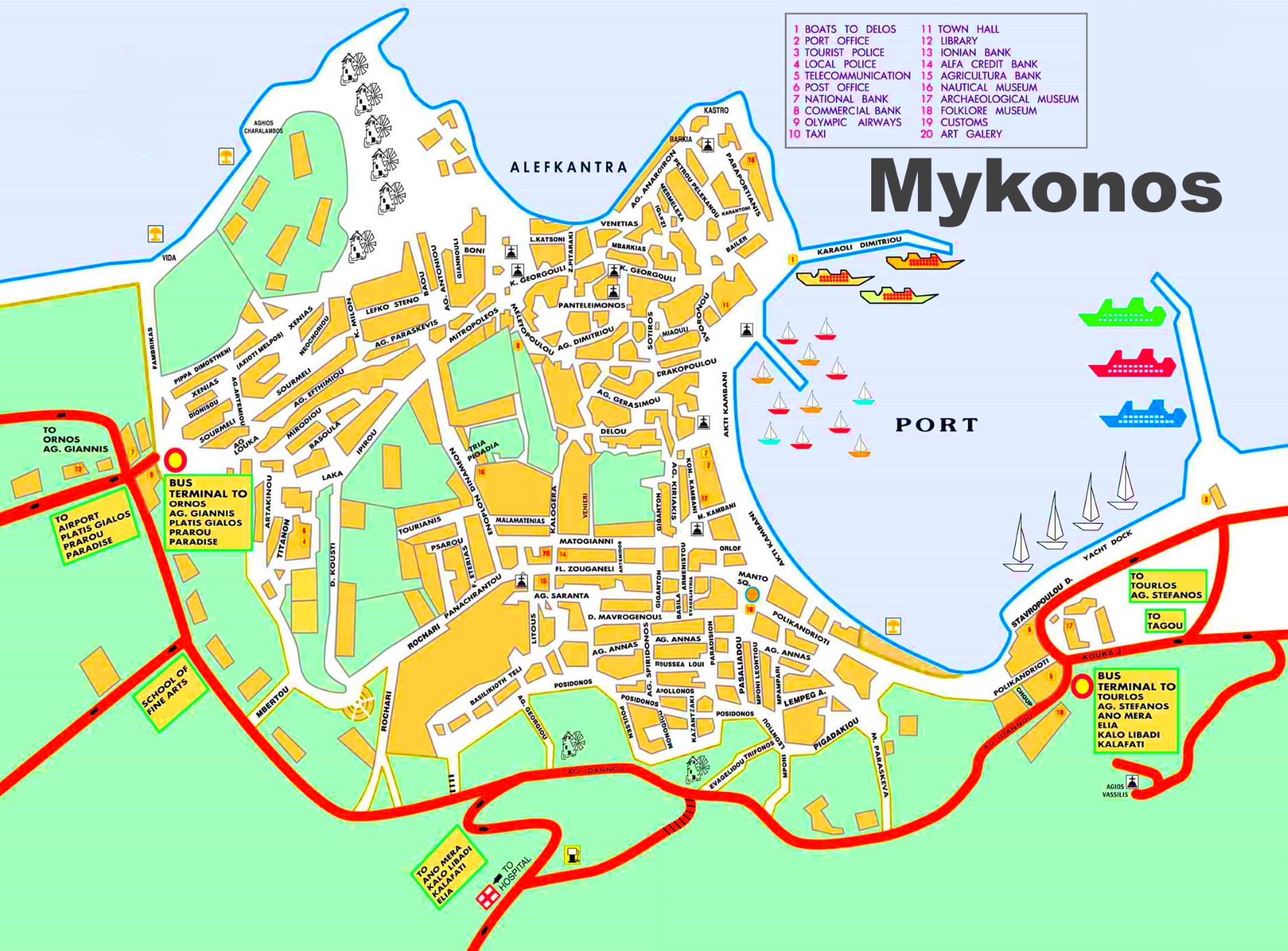 Tourist map of Mykonos Town from Ontheworldmap.com
