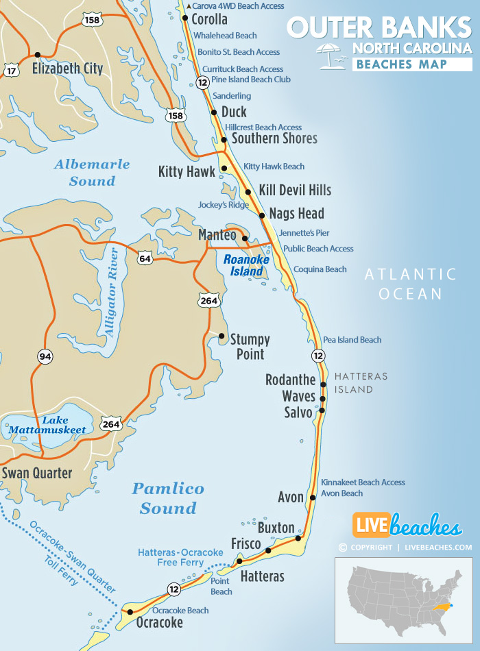 Map of Beaches in North Carolina
