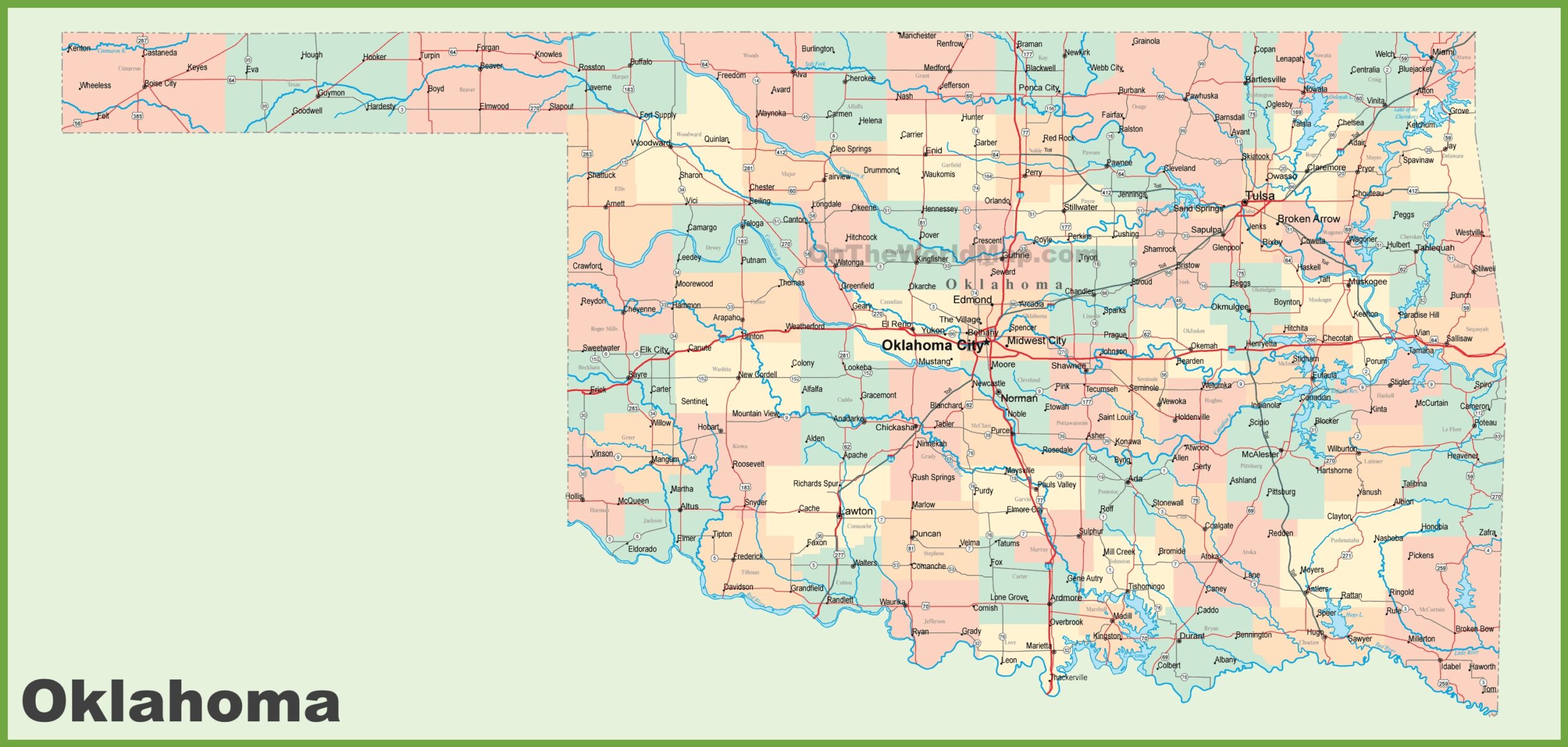 Road Map of Oklahoma with Cities