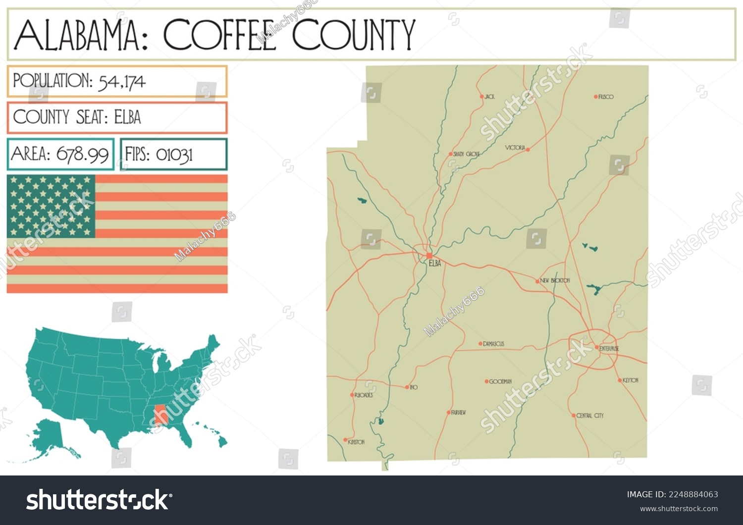 Large Detailed Map Coffee County Alabama Stock Vector
