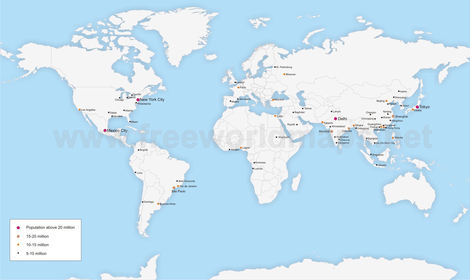 Map of the largest cities in the world