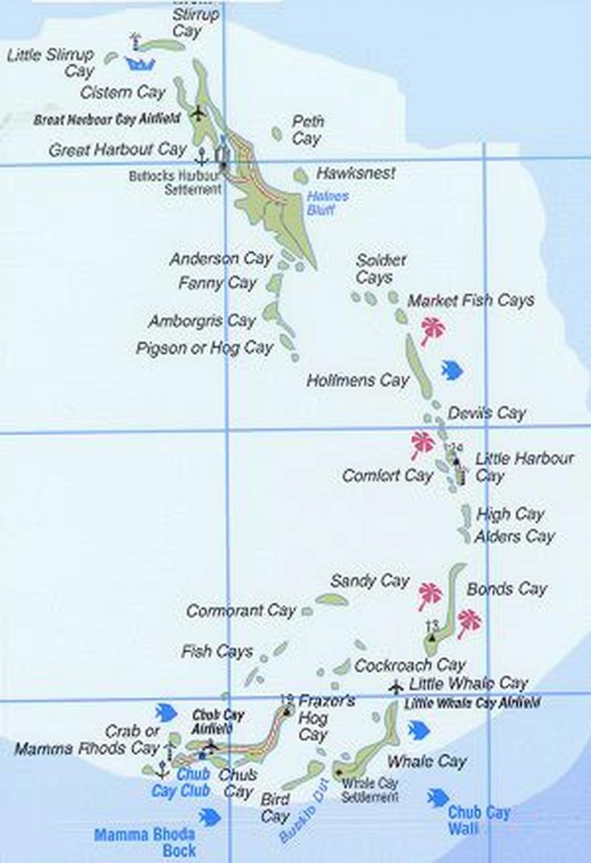 Map of the Berry Islands, The Bahamas, chain of islands from Great